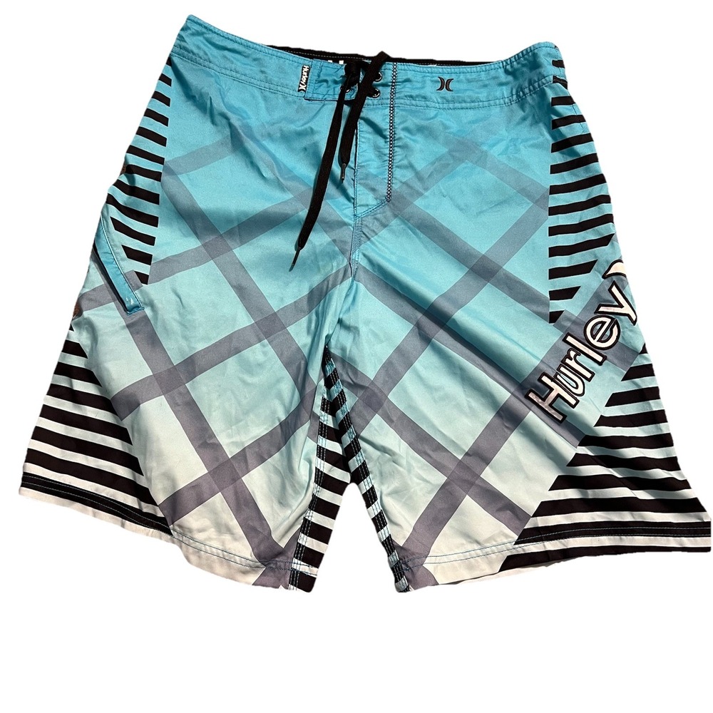 Hurley Men's Size 34 Blue‎ With Hurley & Black Side Stripes Board Shorts Unlined